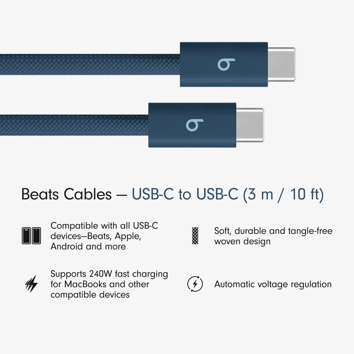 imageBeats 240W USBC to USBC Braided Cable Fast Charging DurableTangle Free Compatible with Apple and Android Devices 3 m10 ft Surge StoneNitro Navy